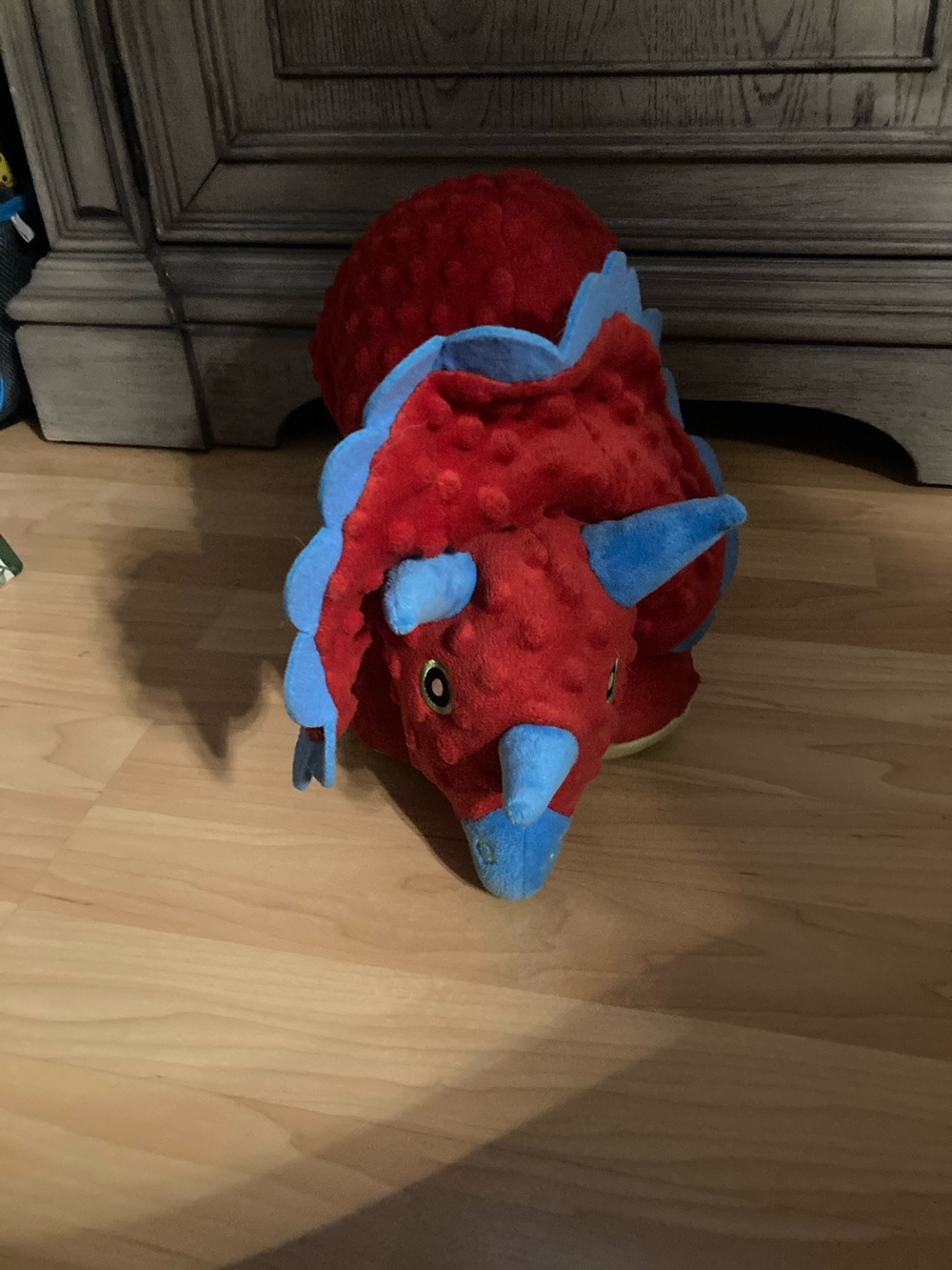 Red Plush Triceratops Accent Pillow with Blue Details